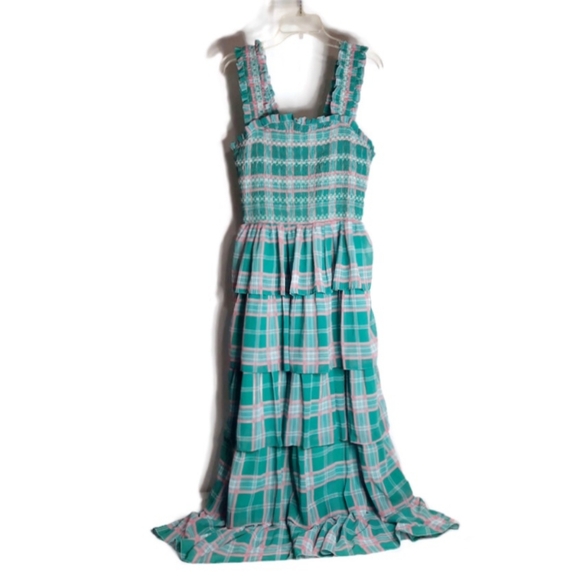ENGLISH FACTORY Midaxi Smocked Sundress Green Plaid Tiered Square Neck Cottage L - Picture 6 of 8